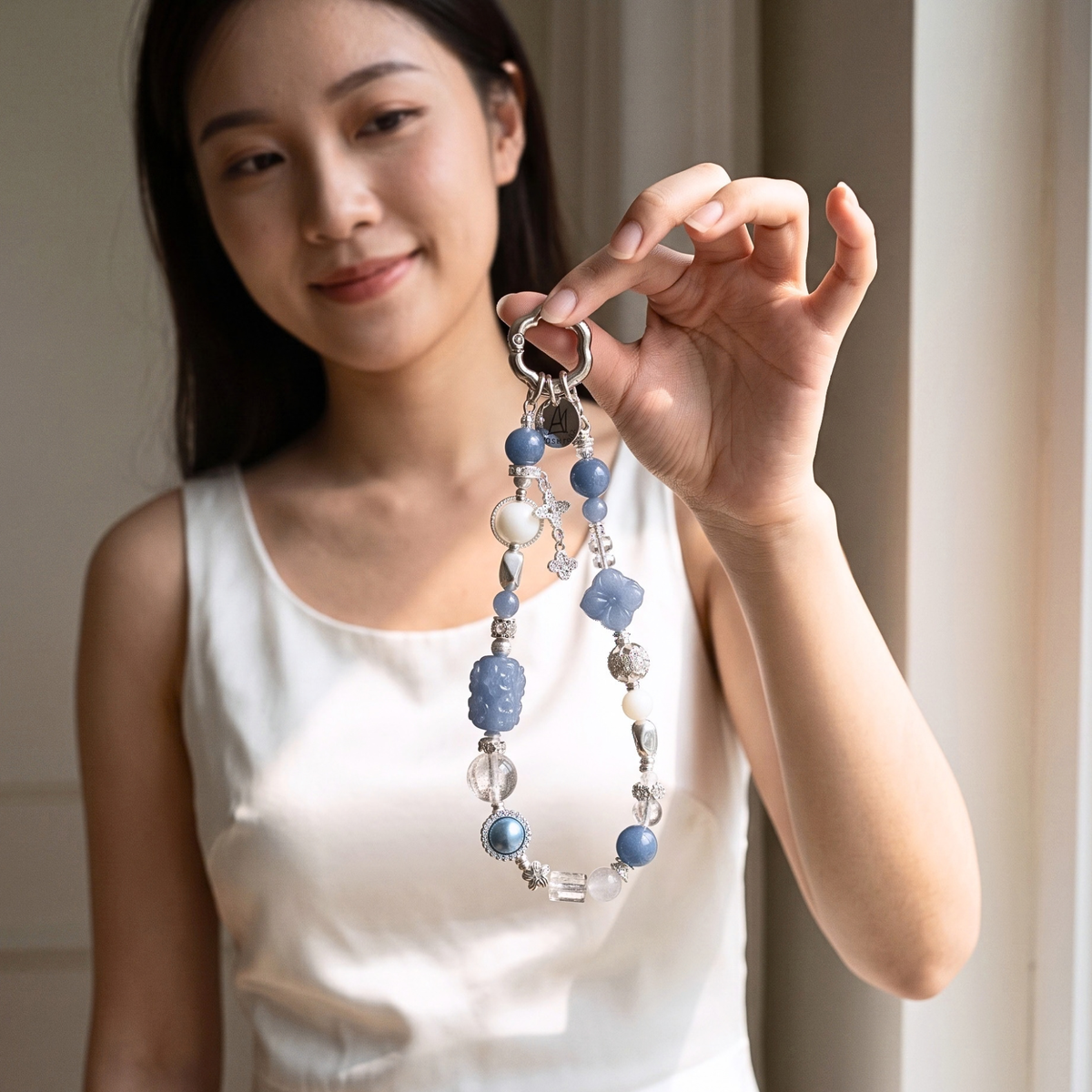 藍天使-白水晶-貝珠手機鏈